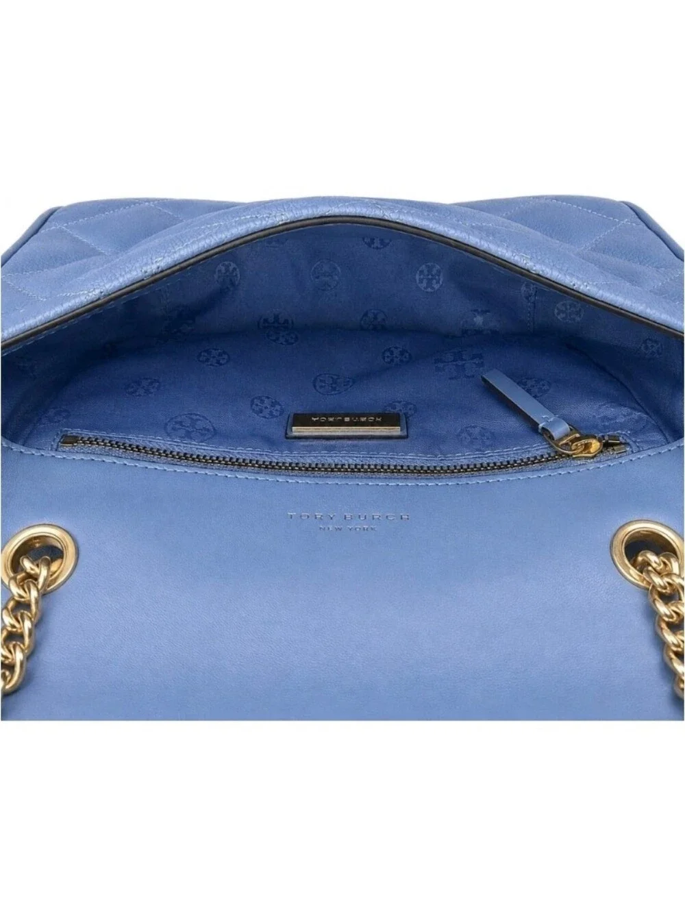 Tory Burch Fleming Quilted Leather Shoulder Bag Blue Gold Chain